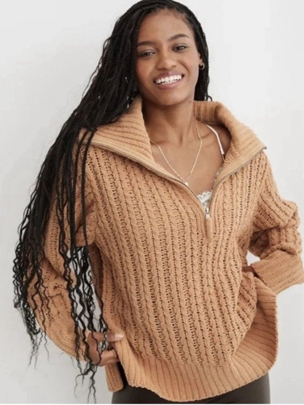 Aerie Women’s Brown Cable Knit Oversized Quarter Zip Pullover Sweater Size XXS